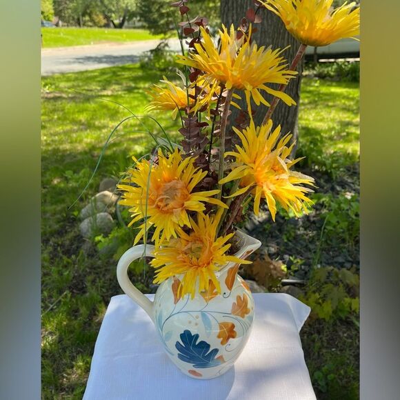 Teleflora white/orange leaves ceramic pitcher with faux flowers arrangement set - Picture 1 of 6